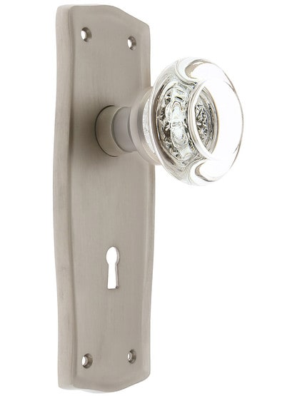 Prairie Plate with Round Clear Crystal Knob with Keyhole in Satin Nickel.